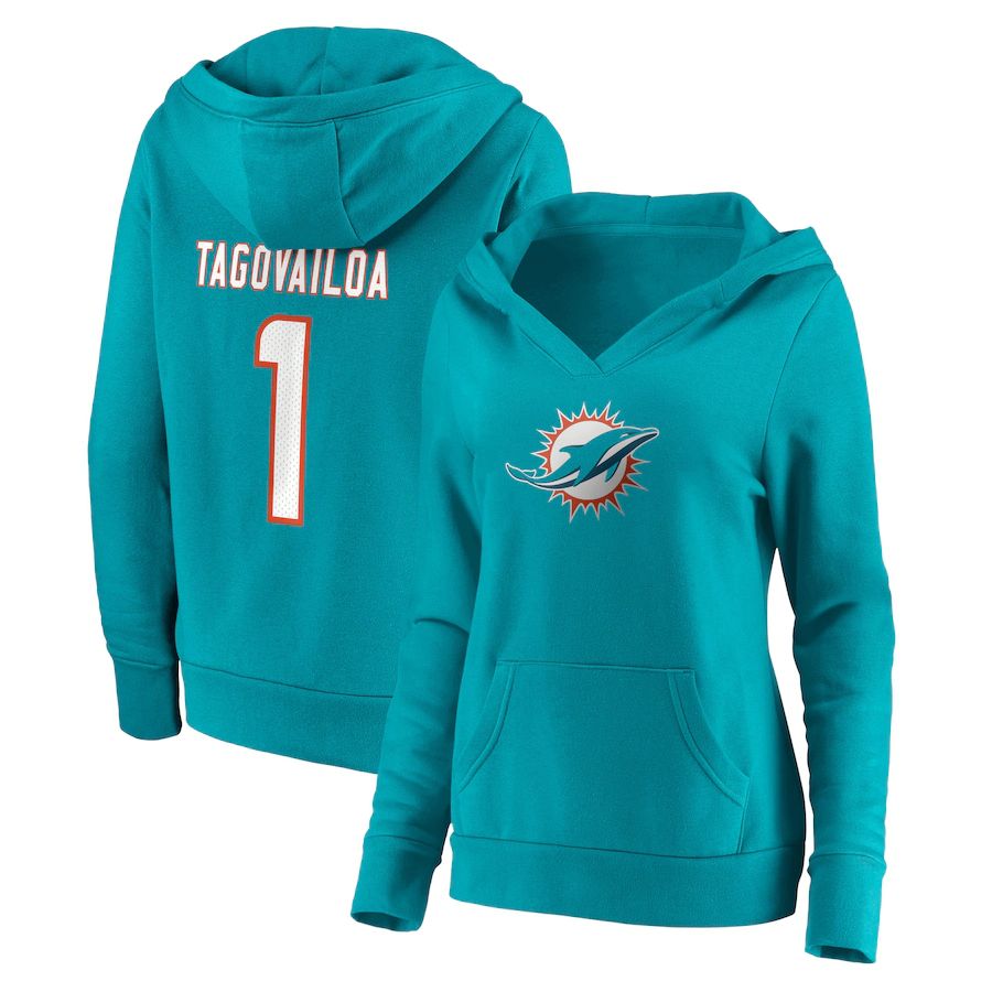 Women Miami Dolphins 1 Tua Tagovailoa Fanatics Branded Aqua Player Icon Name & Number Pullover Hoodie